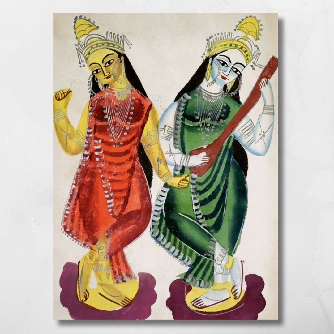 Laxmi and Saraswati - Kalighat Painting - Image 3